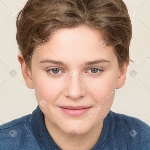 Joyful white young-adult female with short  brown hair and blue eyes