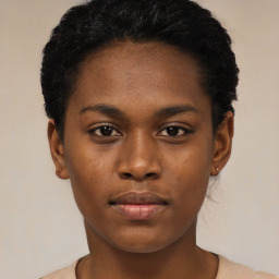 Neutral black young-adult female with short  black hair and brown eyes