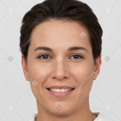 Joyful white young-adult female with short  brown hair and brown eyes