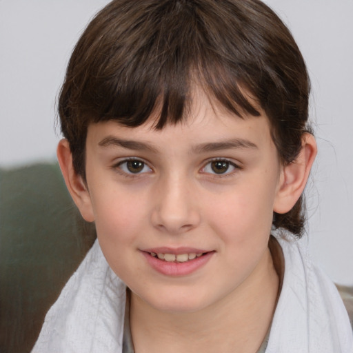 Joyful white child female with medium  brown hair and brown eyes