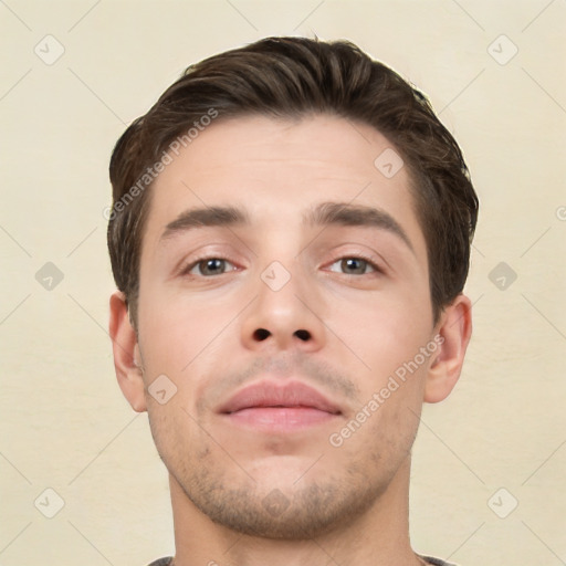 Neutral white young-adult male with short  brown hair and brown eyes