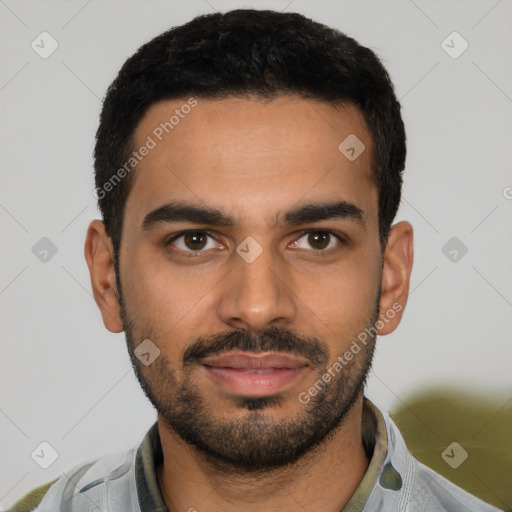 Joyful latino young-adult male with short  black hair and brown eyes