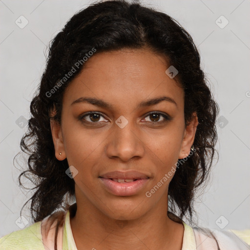 Joyful black young-adult female with medium  brown hair and brown eyes