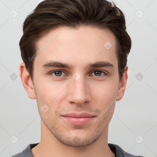 Neutral white young-adult male with short  brown hair and grey eyes