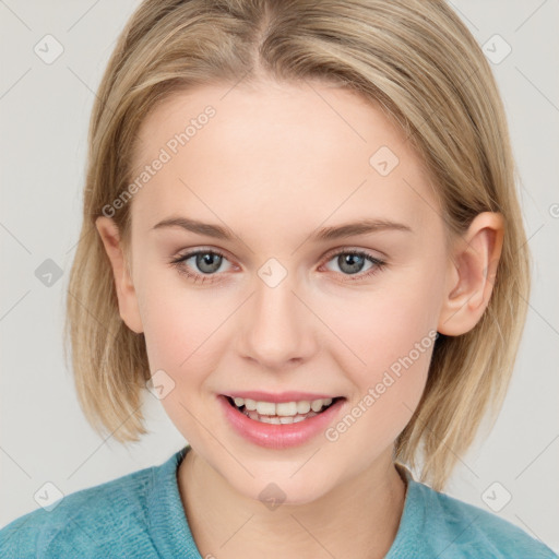 Joyful white young-adult female with medium  brown hair and blue eyes