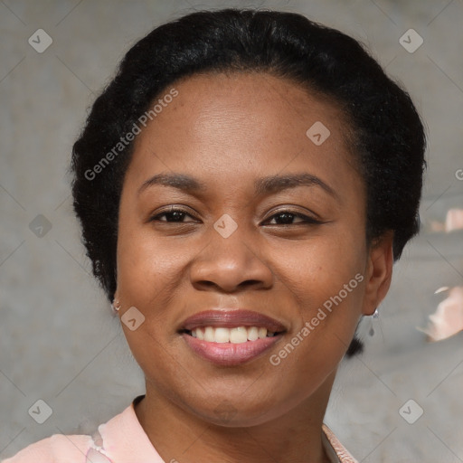 Joyful black adult female with short  brown hair and brown eyes