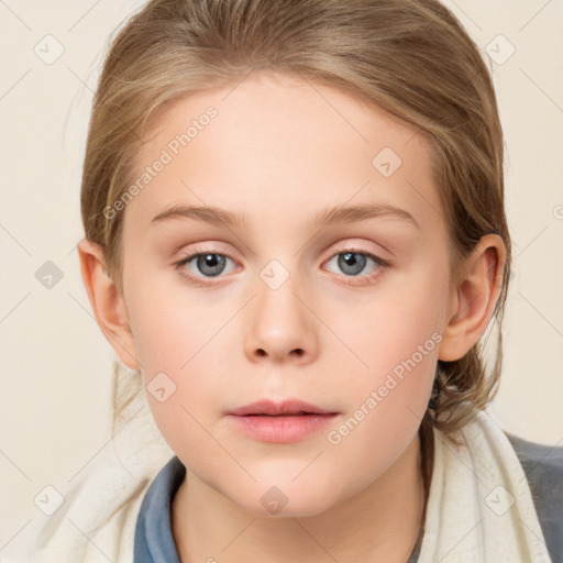 Neutral white child female with medium  brown hair and blue eyes