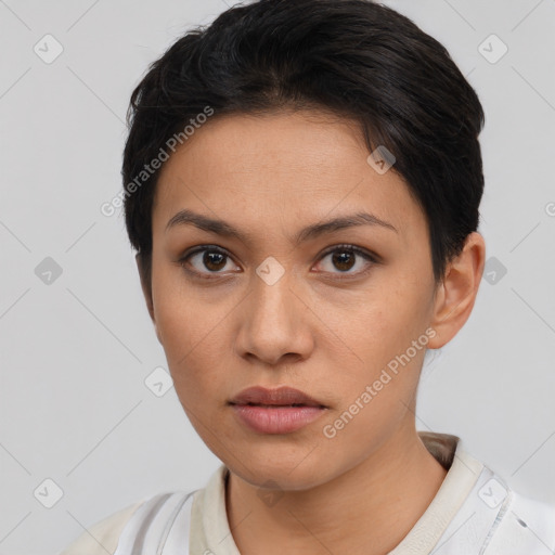 Neutral white young-adult female with short  brown hair and brown eyes