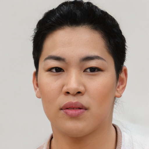 Neutral asian young-adult female with short  black hair and brown eyes