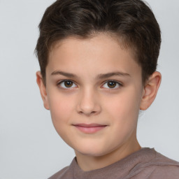 Joyful white child female with short  brown hair and brown eyes