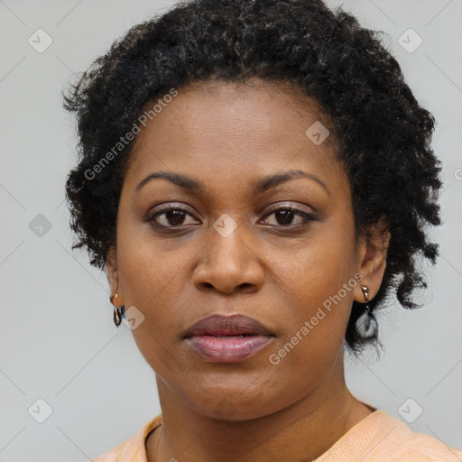 Joyful black adult female with short  brown hair and brown eyes