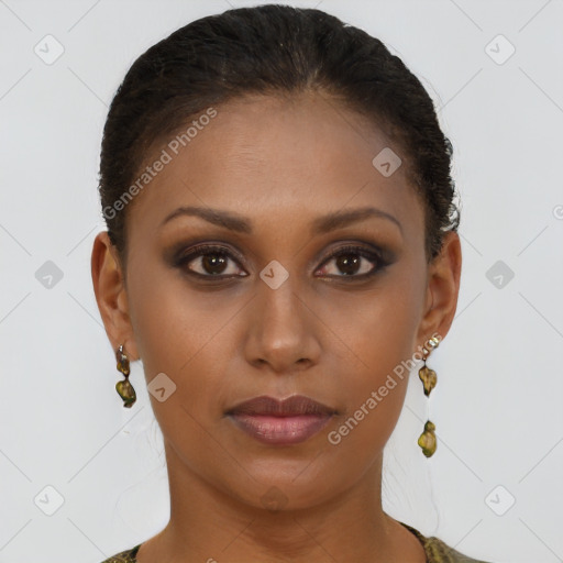 Neutral black young-adult female with short  brown hair and brown eyes
