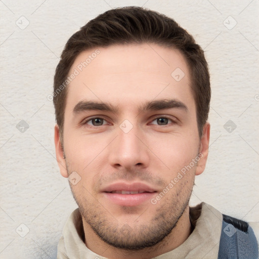 Neutral white young-adult male with short  brown hair and grey eyes