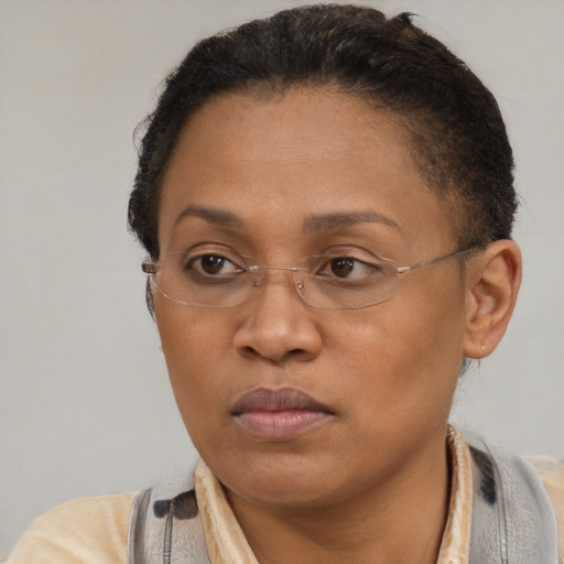 Neutral latino adult female with short  brown hair and brown eyes