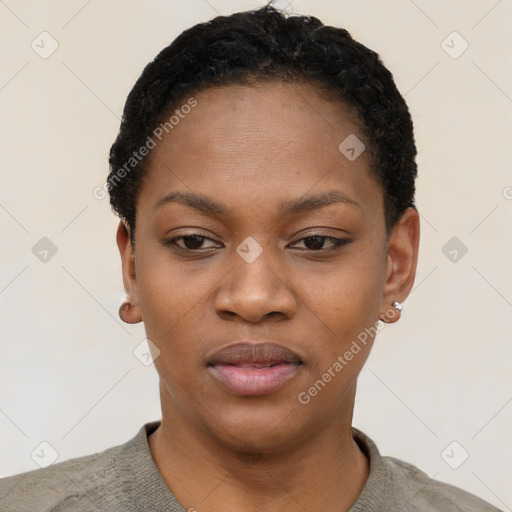 Neutral black young-adult female with short  black hair and brown eyes