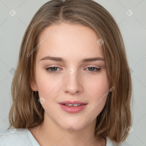 Neutral white young-adult female with medium  brown hair and brown eyes