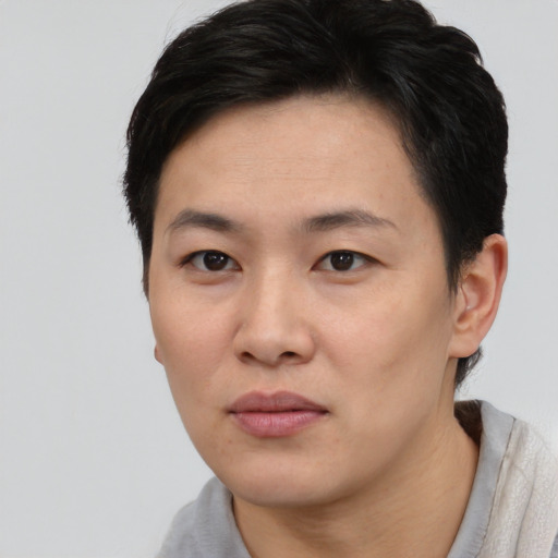 Neutral asian young-adult male with short  black hair and brown eyes