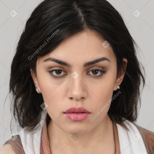 Neutral white young-adult female with medium  brown hair and brown eyes