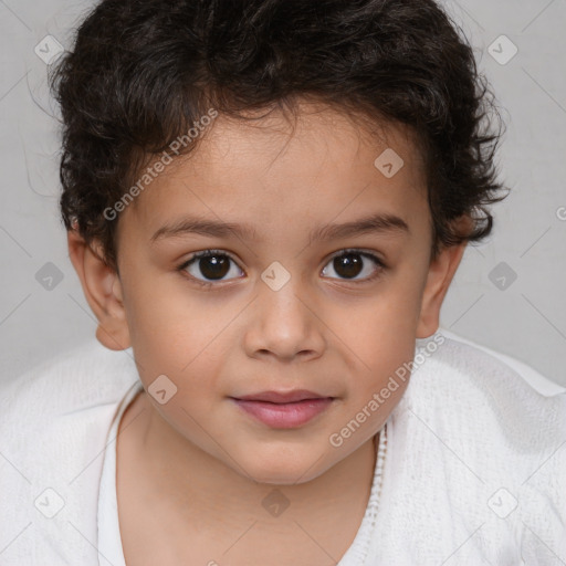 Joyful white child female with short  brown hair and brown eyes