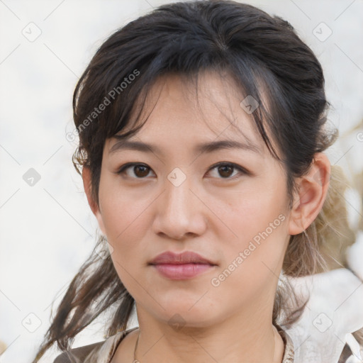 Neutral white young-adult female with medium  brown hair and brown eyes