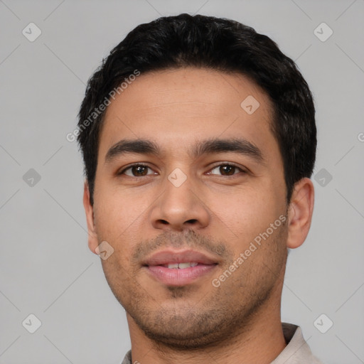 Neutral latino young-adult male with short  black hair and brown eyes