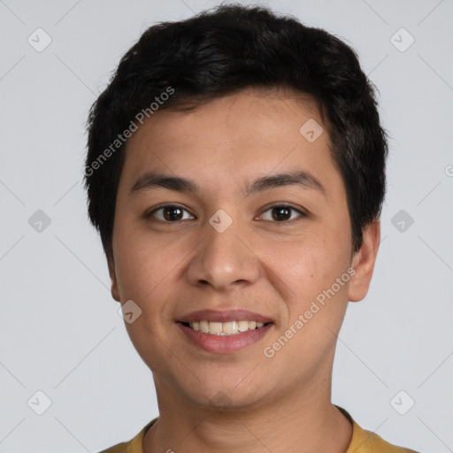 Joyful white young-adult male with short  black hair and brown eyes