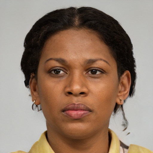 Neutral black young-adult female with short  brown hair and brown eyes