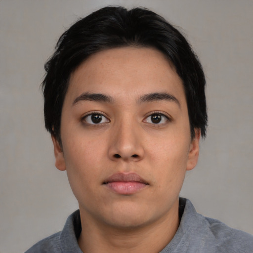 Neutral asian young-adult female with short  black hair and brown eyes
