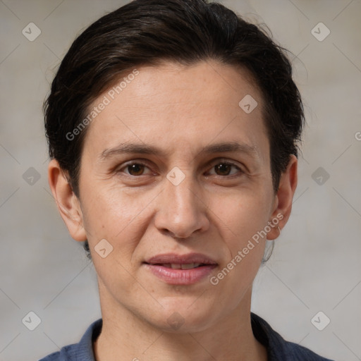 Joyful white adult female with short  brown hair and brown eyes