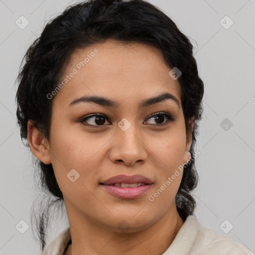 Joyful latino young-adult female with medium  black hair and brown eyes