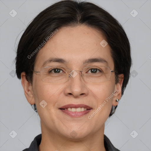 Joyful white adult female with medium  brown hair and brown eyes