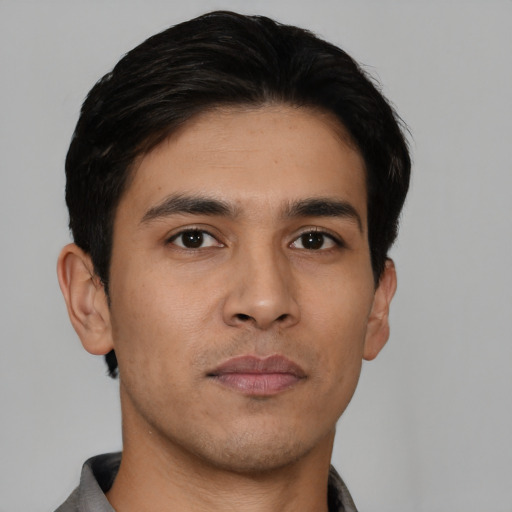 Neutral asian young-adult male with short  black hair and brown eyes