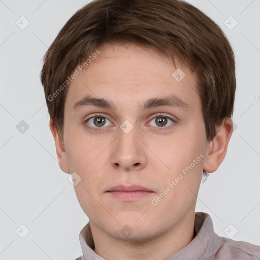 Neutral white young-adult male with short  brown hair and grey eyes