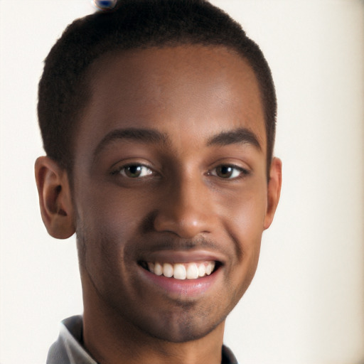 Joyful black young-adult male with short  brown hair and brown eyes