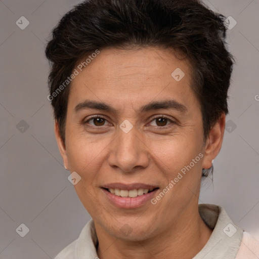 Joyful white adult female with short  brown hair and brown eyes