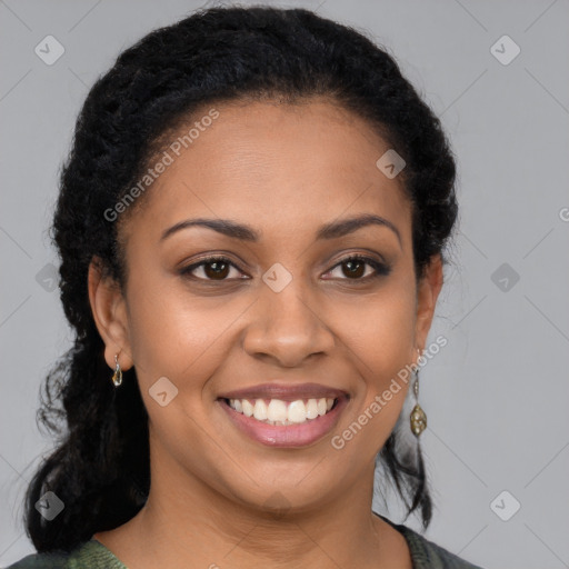 Joyful latino young-adult female with long  brown hair and brown eyes