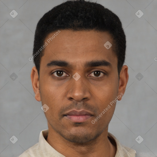 Neutral latino young-adult male with short  black hair and brown eyes