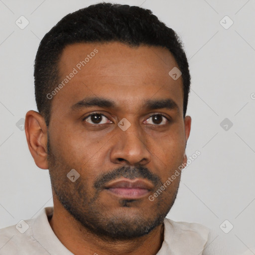 Neutral black young-adult male with short  black hair and brown eyes