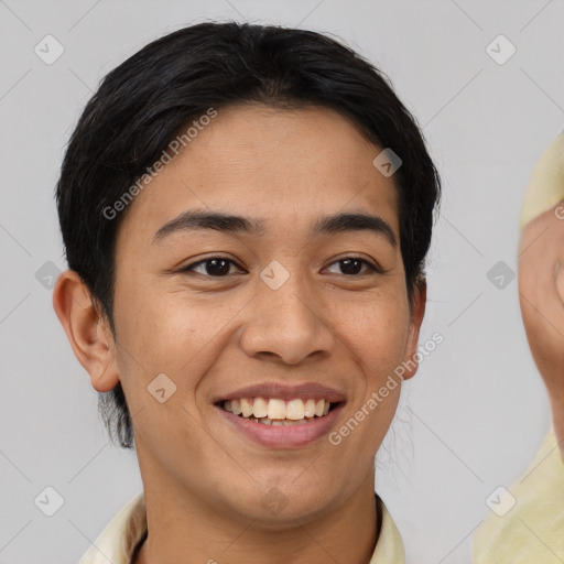 Joyful asian young-adult female with short  brown hair and brown eyes