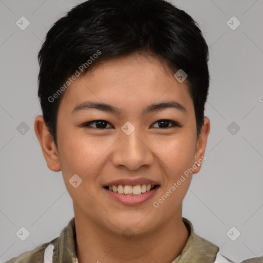 Joyful asian young-adult female with short  brown hair and brown eyes