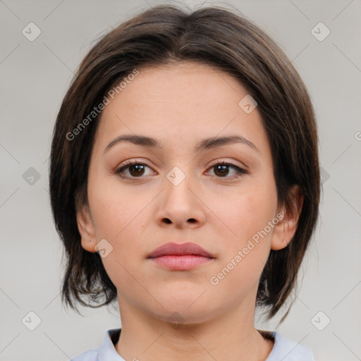 Neutral white young-adult female with medium  brown hair and brown eyes