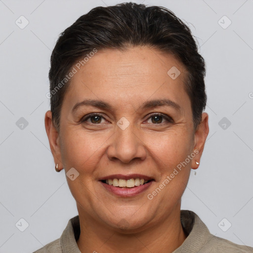 Joyful white adult female with short  brown hair and brown eyes