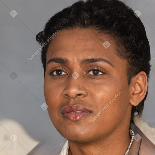 Neutral black young-adult female with short  black hair and brown eyes