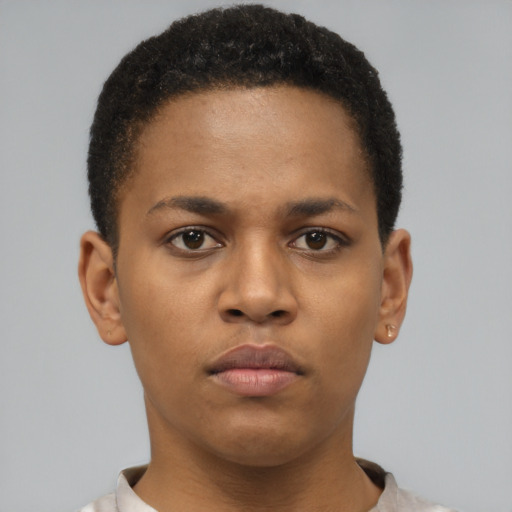 Neutral black young-adult female with short  brown hair and brown eyes