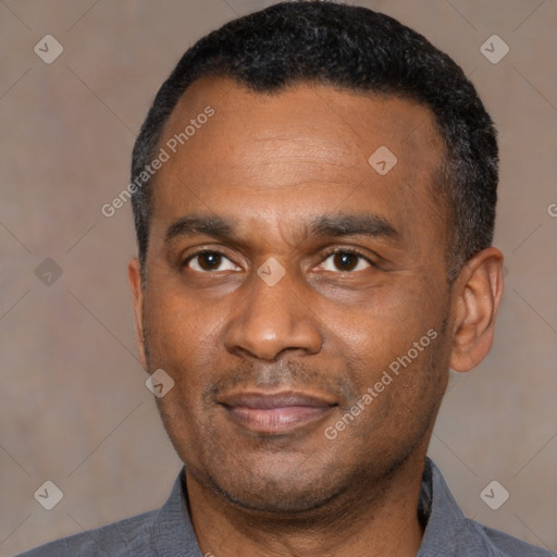 Joyful black adult male with short  black hair and brown eyes