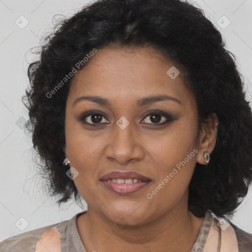 Joyful black young-adult female with long  brown hair and brown eyes