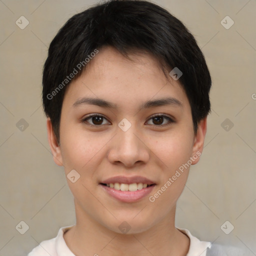 Joyful asian young-adult female with short  brown hair and brown eyes