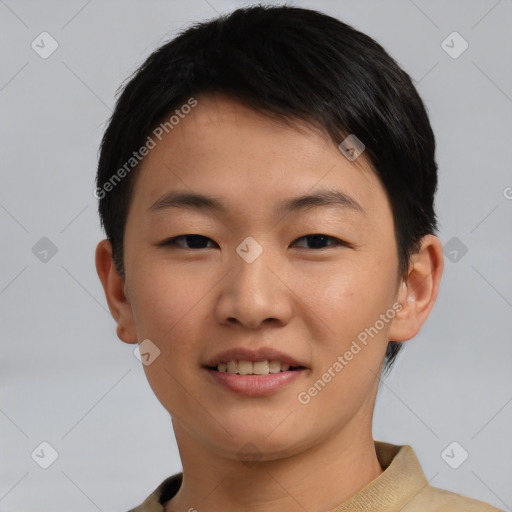 Joyful asian young-adult male with short  brown hair and brown eyes