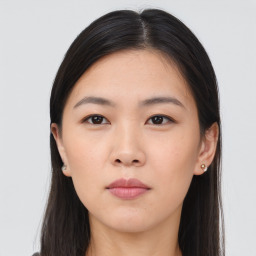 Neutral asian young-adult female with long  brown hair and brown eyes