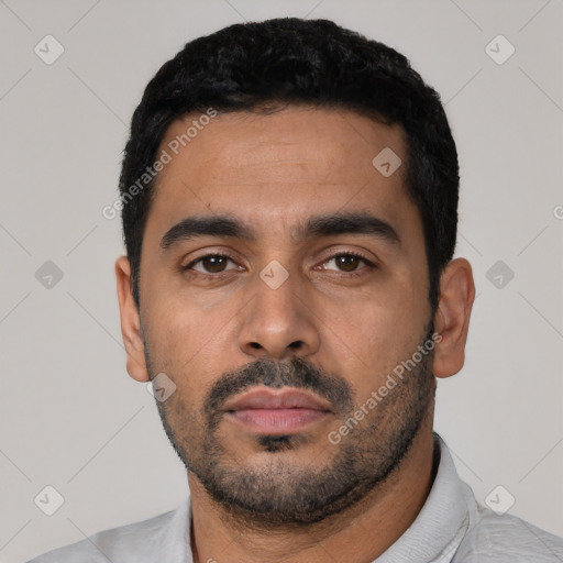 Neutral latino young-adult male with short  black hair and brown eyes